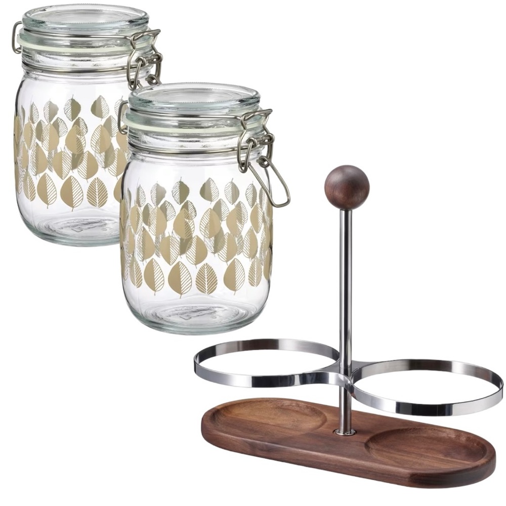 IKEA Holder walnut/stainless steel with 2 jars with lid, patterned/light beige